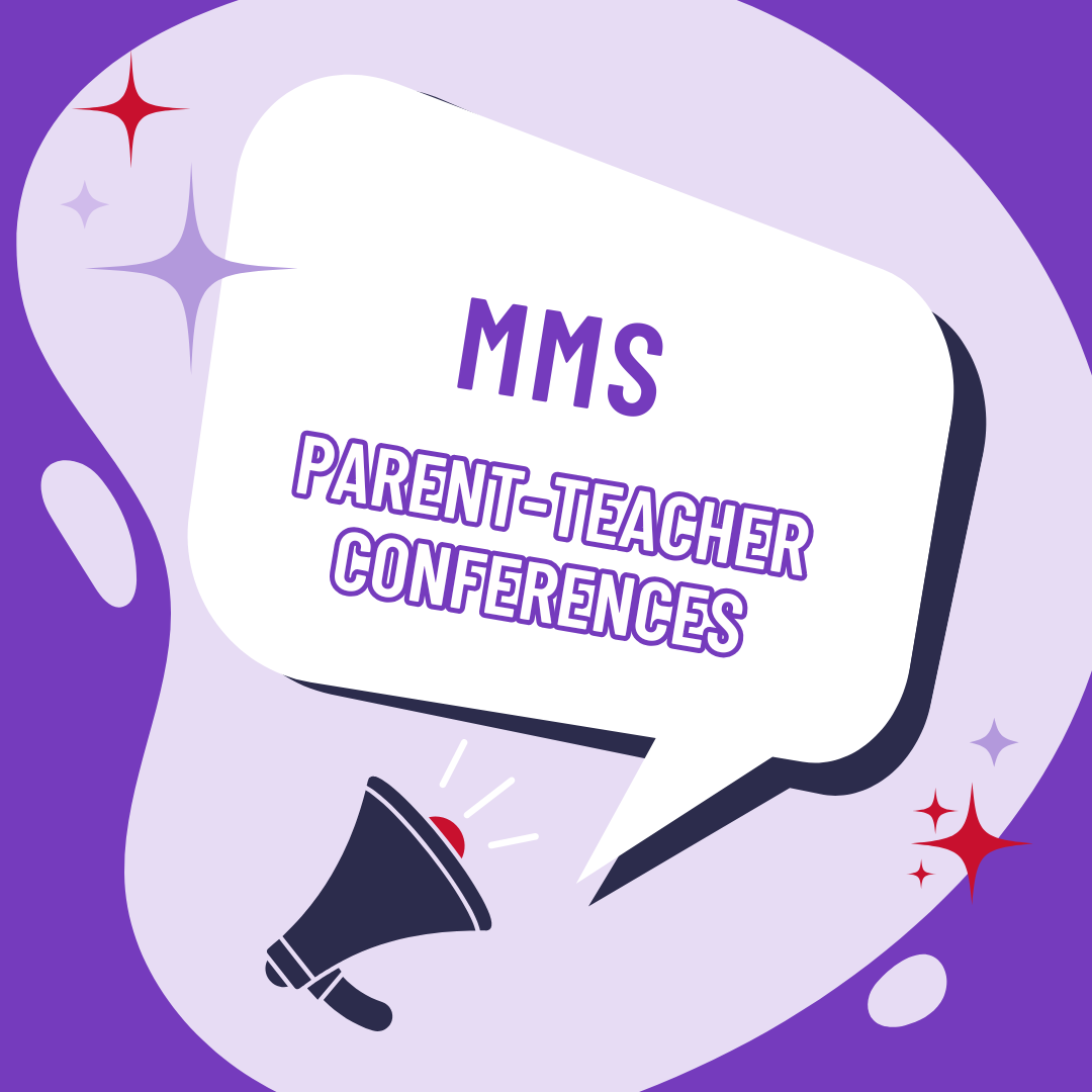 Graphic shows an airhorn and a speech bubble with the text "MMS Parent-teacher conferences"